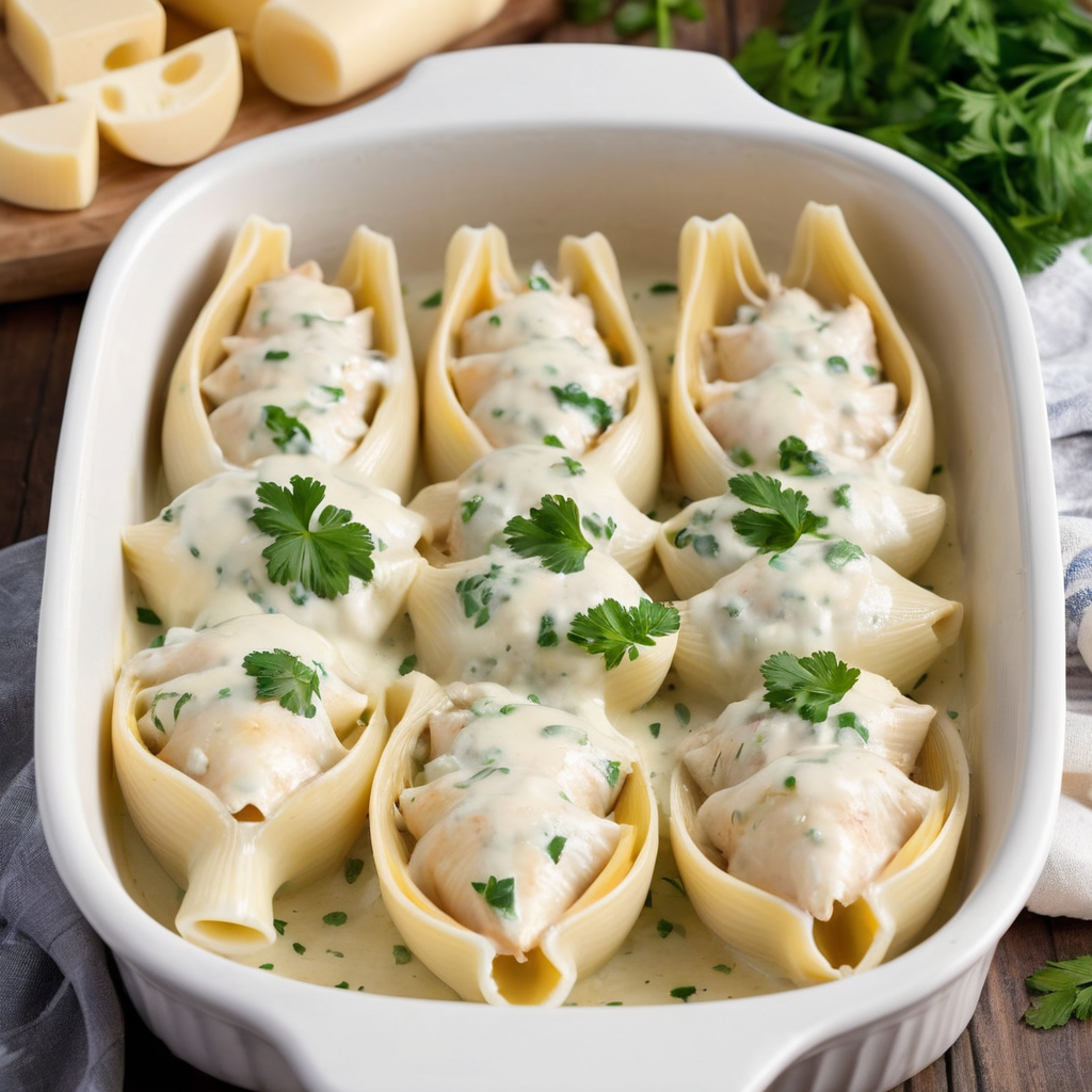 Delicious and creamy Chicken Alfredo Stuffed Shells that are perfect for a cozy dinner.