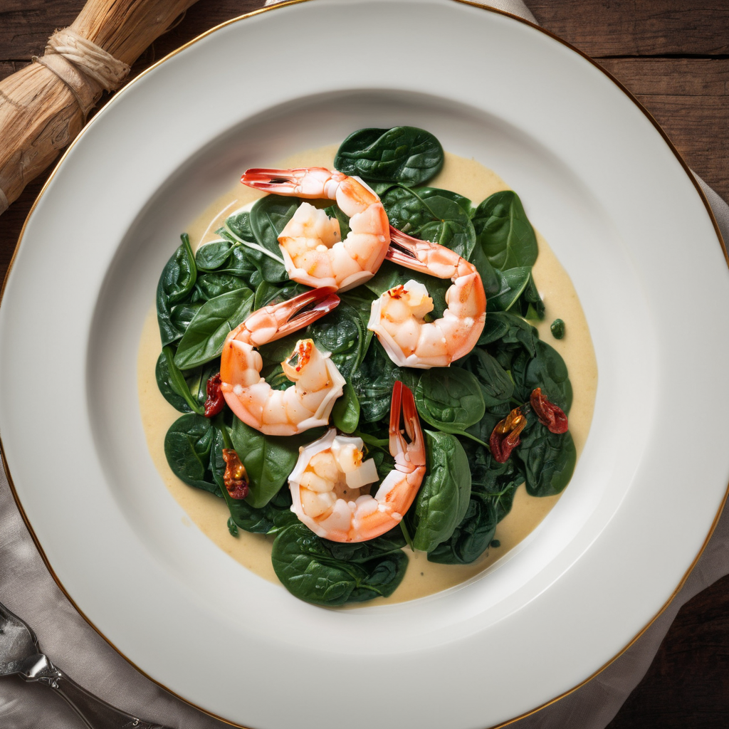 A rich and flavorful shrimp dish with garlic, sun-dried tomatoes, and spinach in a creamy sauce.