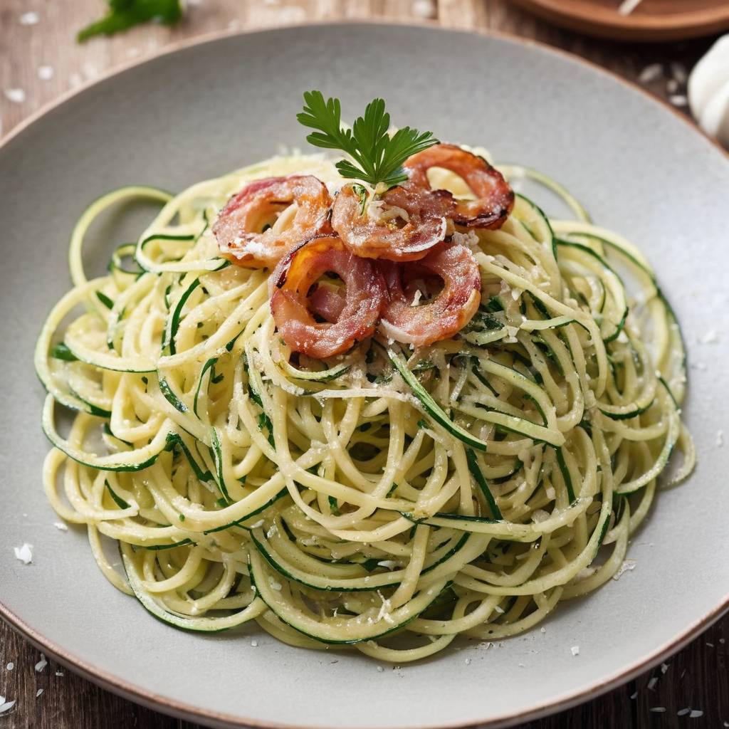 A delicious and healthy twist on the classic carbonara, made with zucchini noodles.